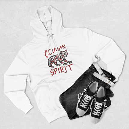 Cougar Spirit graphic on a white hoodie, featuring tribal mountain lion art.