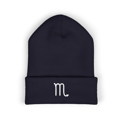 Scorpio Symbol Cuffed Beanie | Embroidered White Astrology Glyph