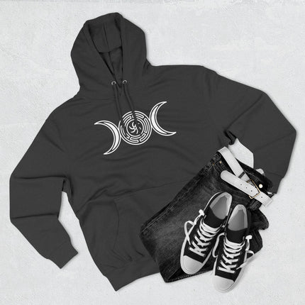 Hekate Triple Moon Goddess symbol graphic on a black pagan witchcraft hoodie.