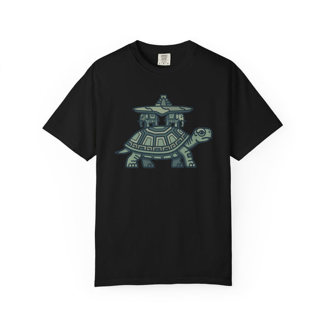 Ancient Mayan temple world turtle graphic tee design on a black shirt.