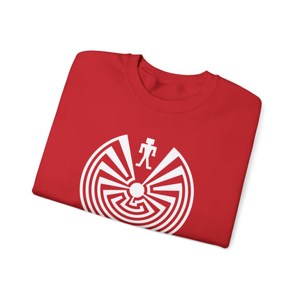Man in the Maze labyrinth graphic sweatshirt design on a unisex pullover.
