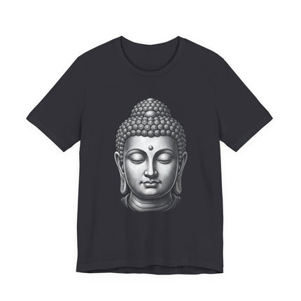 Zen Buddha head graphic tee featuring a grayscale meditation illustration.