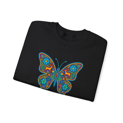 Colorful Huichol butterfly folk art printed on a vibrant Mexican style pullover sweatshirt.