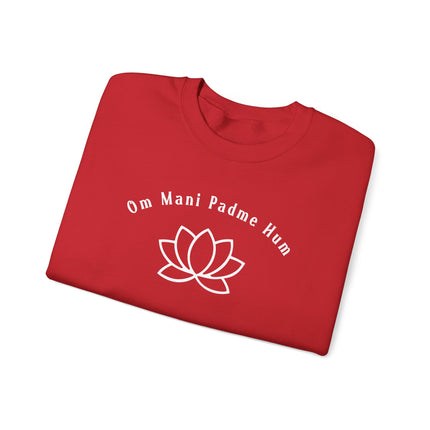 Om Mani Padme Hum mantra and lotus graphic on spiritual Buddhist pullover sweatshirt.
