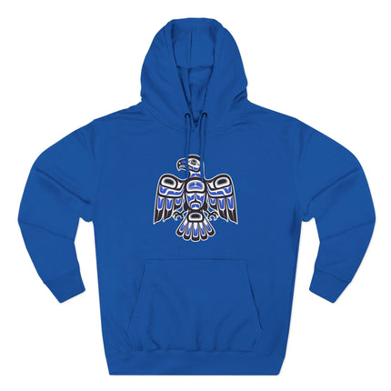 Northwest Coast tribal hawk graphic on blue hoodie. Formline art design.