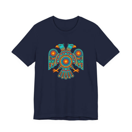 Vibrant Huichol two-headed eagle graphic tee featuring Mexican folk art and geometric patterns.