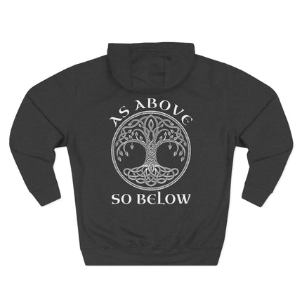 Black hoodie featuring a Celtic Tree of Life design and "As Above So Below" text.