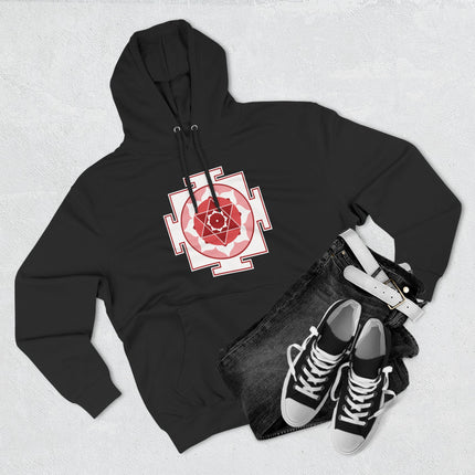 Kamala Yantra sacred geometry symbol on a black spiritual hoodie.