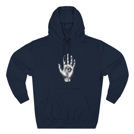 All-seeing eye graphic printed on an open hand palm design.