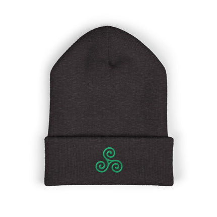 Triskelion Cuffed Beanie | Embroidered Green Triple Spiral Motif