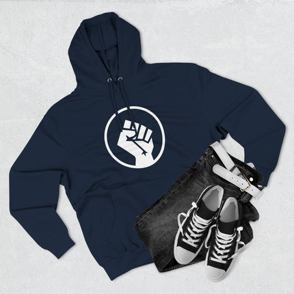 Dark blue hoodie featuring a white raised fist symbol of solidarity and protest.