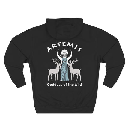 Artemis goddess design featuring deer, crescent moon, and the text "Goddess of the Wild.