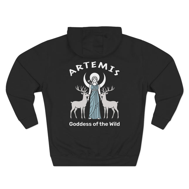 Artemis goddess design featuring deer, crescent moon, and the text "Goddess of the Wild.