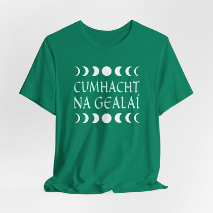 Irish "Power of the Moon" t-shirt featuring the lunar cycle graphic and Celtic design.