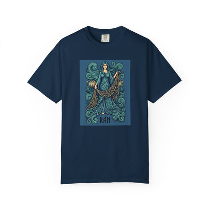 Rán, the Norse Sea Goddess, graphic tee featuring mythological ocean waves and a net.