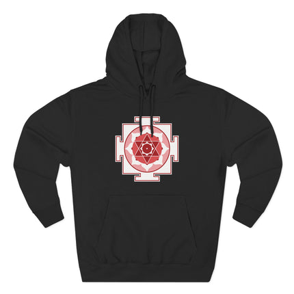 Red Kamala Yantra sacred geometry mandala symbol printed on a black hoodie.