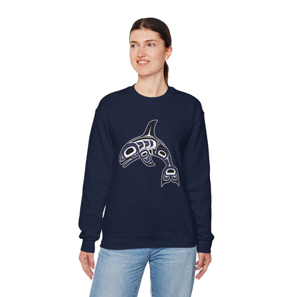 Pacific Northwest orca Formline Art graphic on a navy pullover sweatshirt.