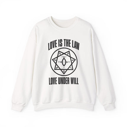 Love Is The Law occult sweatshirt with hexagram symbol and "Love Under Will" text.