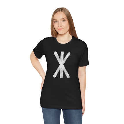Black t-shirt featuring a white brushstroke Norse rune symbol, representing strength and Viking style.