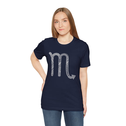Scorpio zodiac sign t-shirt featuring tribal Polynesian tattoo art.