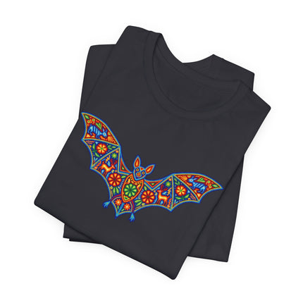 Vibrant Huichol Mexican folk art bat graphic tee on black shirt.