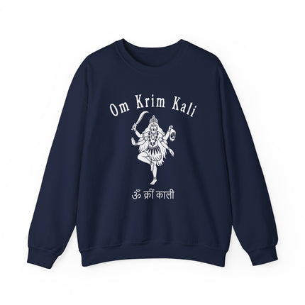 Kali Goddess art sweatshirt featuring the Om Krim Kali mantra in Devanagari script.