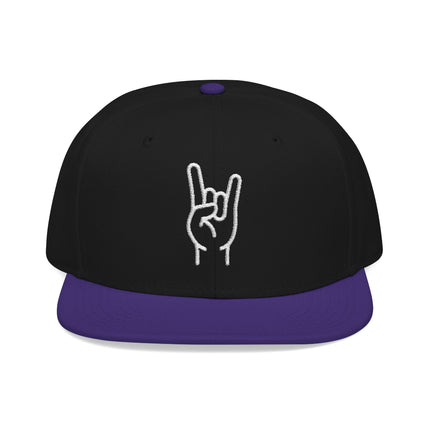 Black snapback cap with white embroidered rock hand sign (sign of the horns) graphic.