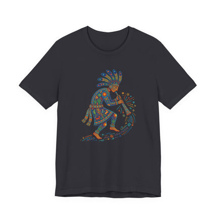 Colorful Kokopelli flute player graphic tee in vibrant Native American folk art style.