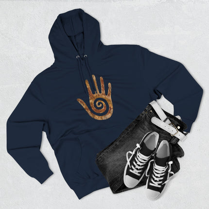 Hopi spiral hand symbol on a dark blue pullover hoodie, featuring Native American healing art design.