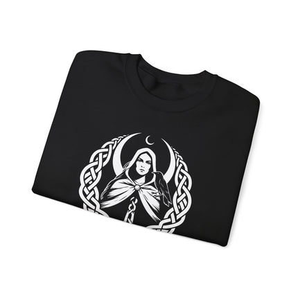 Morrigan Celtic Goddess raven and moon print sweatshirt featuring Irish mythology designs.