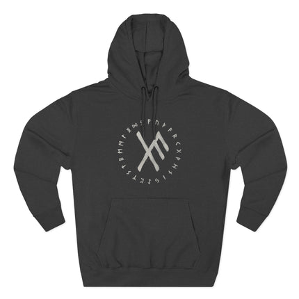 Norse pagan hoodie featuring Elder Futhark runes and a central luck protection rune design.