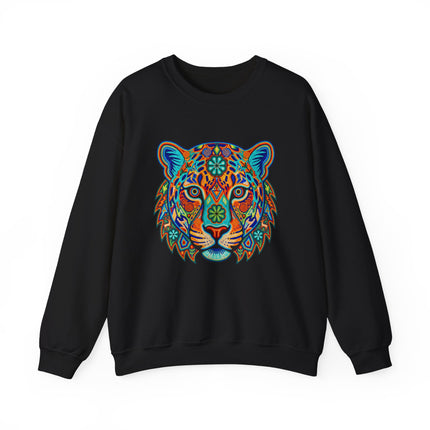 Vibrant Huichol jaguar art graphic on black sweatshirt, featuring Mexican folk style patterns.
