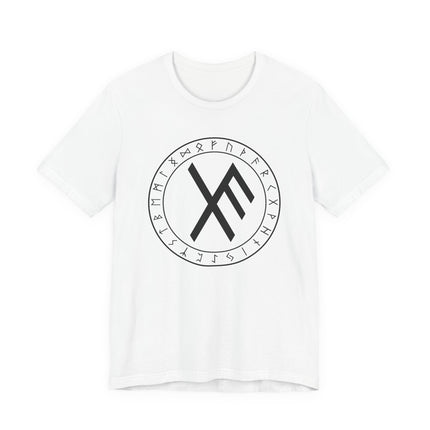 Norse Elder Futhark rune t-shirt featuring a protective bind rune sigil and ancient Viking alphabet circle.