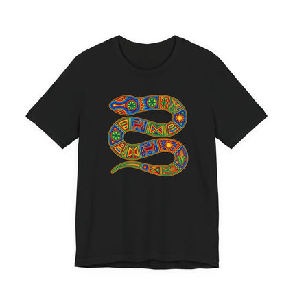 Vibrant Huichol-style snake graphic on a black t-shirt, featuring colorful indigenous tribal patterns.