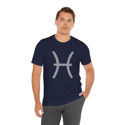 Ornate Pisces zodiac symbol t-shirt design featuring tribal celestial art.