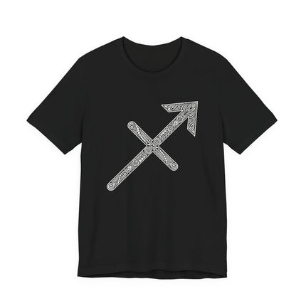 Sagittarius zodiac arrow tee with intricate Norse knotwork design on a black shirt.