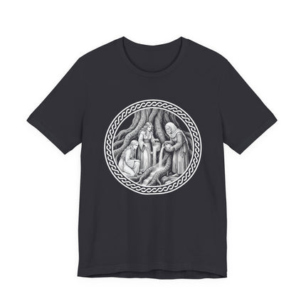 Norns weaving fate beneath Yggdrasil World Tree Norse mythology graphic design tee.
