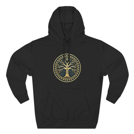 Yggdrasil Norse World Tree of Life graphic design, featuring the cosmic tree in a gold circular frame.