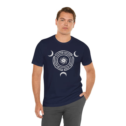 Witchy triple moon goddess t-shirt featuring a celestial spiral symbol.
