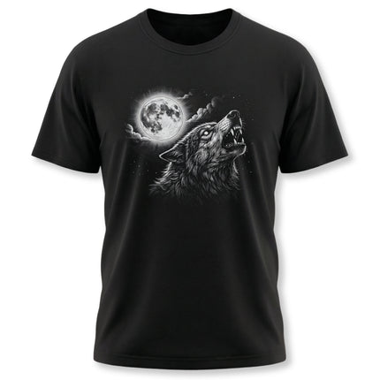 Wolf howling at the full moon night sky graphic print on a black t-shirt.