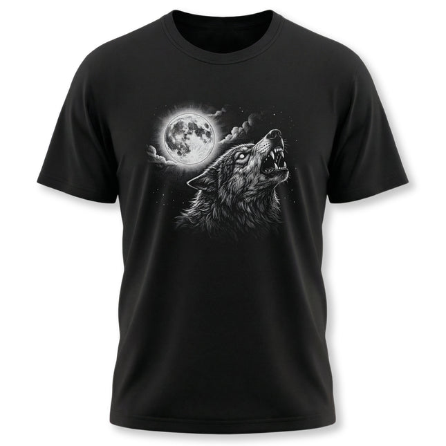 Wolf howling at the full moon night sky graphic print on a black t-shirt.