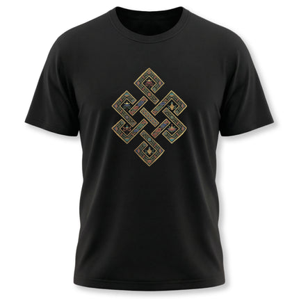 Black tee featuring an intricate, colorful Tibetan Endless Knot Buddhist symbol design.