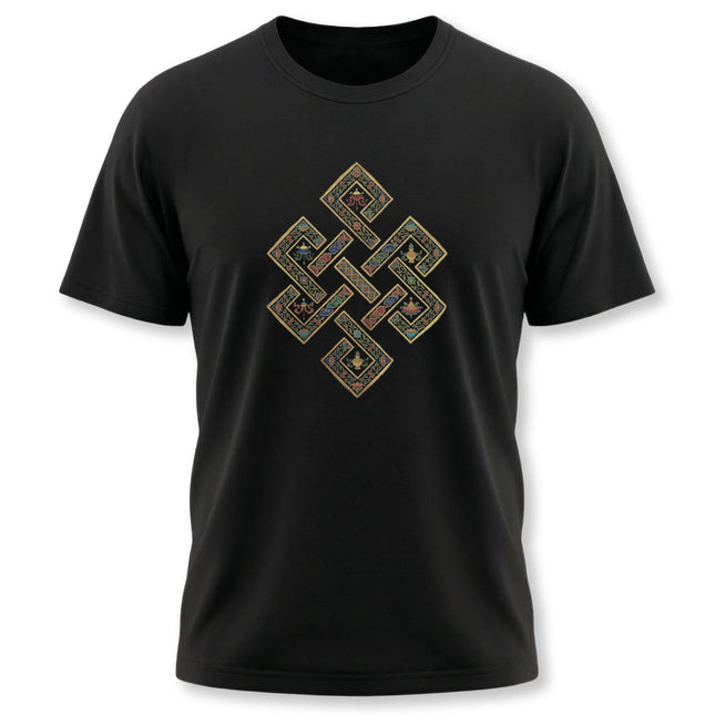 Black tee featuring an intricate, colorful Tibetan Endless Knot Buddhist symbol design.
