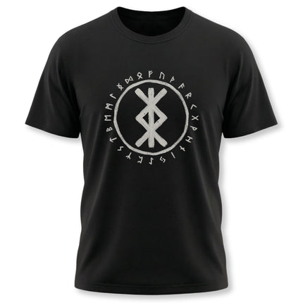 Norse Bind Rune and Elder Futhark runes graphic on a black t-shirt.