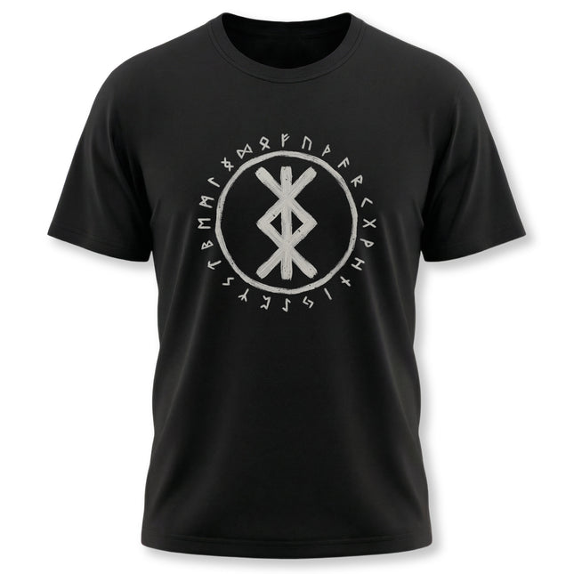 Norse Bind Rune and Elder Futhark runes graphic on a black t-shirt.