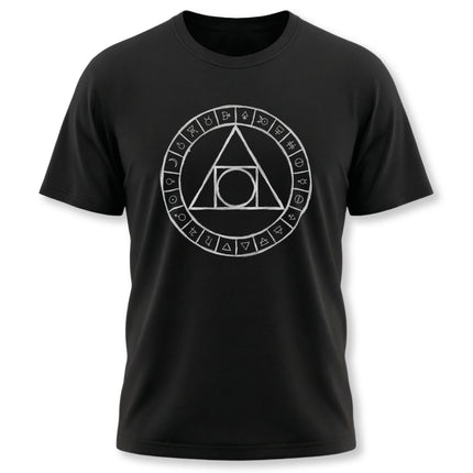 Black t-shirt featuring an alchemical symbol diagram, representing esoteric and mystical knowledge.