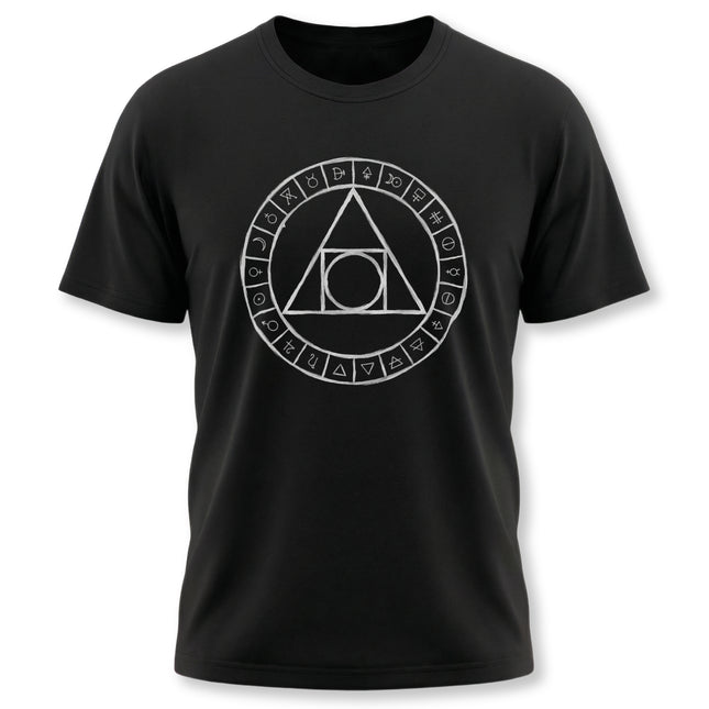 Black t-shirt featuring an alchemical symbol diagram, representing esoteric and mystical knowledge.
