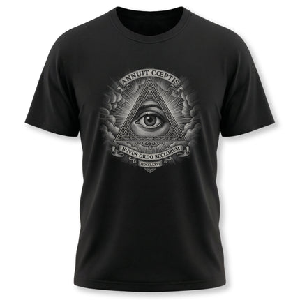 Black t-shirt featuring the Eye of Providence and All-Seeing Eye Masonic symbol design.