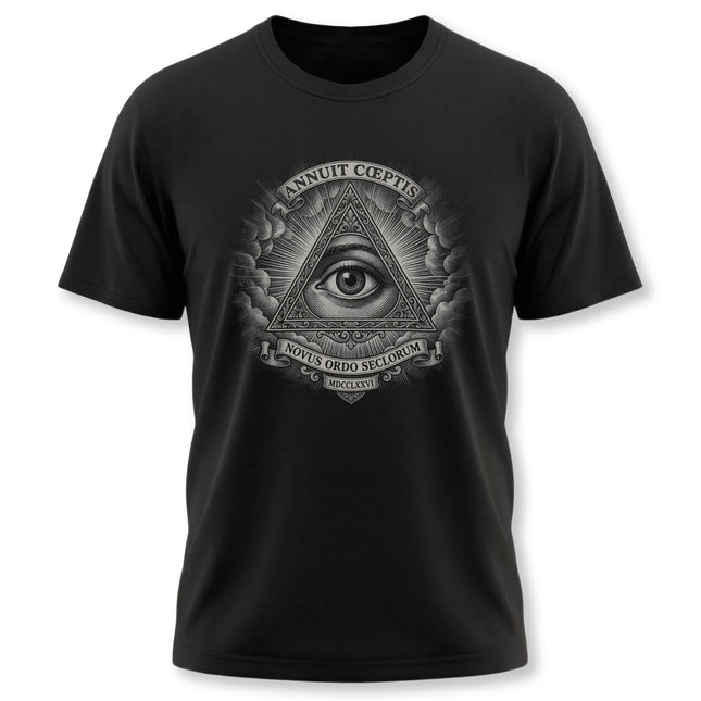 Black t-shirt featuring the Eye of Providence and All-Seeing Eye Masonic symbol design.