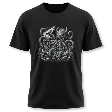 Detailed Norse Kraken sea monster illustration battling a Viking warrior and axe.